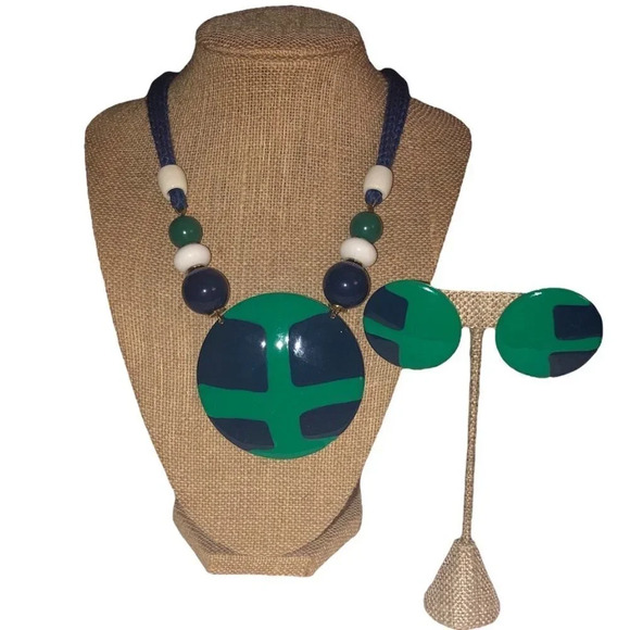 VINTAGE Women's Mod Modern Enamel Blue Green & White Necklace Matching Earring - Picture 1 of 9